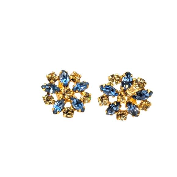 B. David Marquis Blue & Round Yellow Crystal Gold Tone Flower Clip On Earrings - Picture 1 of 3